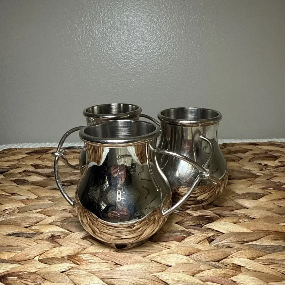 Vtg Set 3 Silver Tone Metal Bud Vases Rigid Intertwined Rope Handles MCM Decor